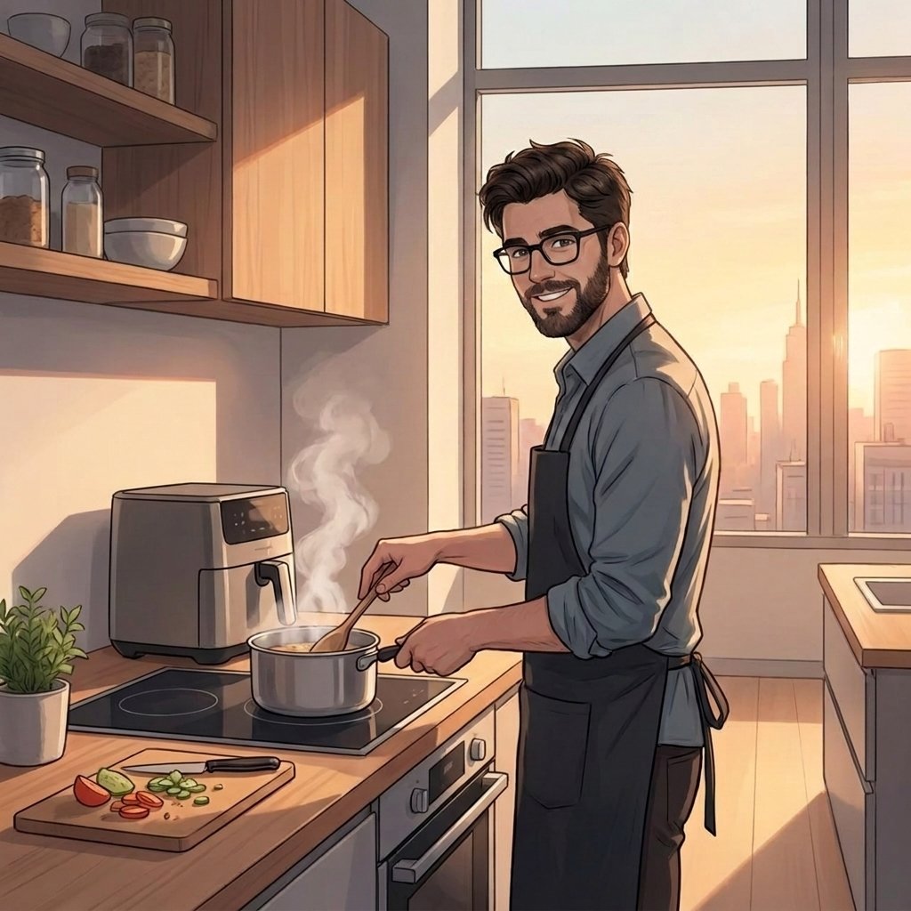 Illustrated portrait of Maza smiling in his kitchen at sunset, stirring a steaming pot with an air fryer on the counter