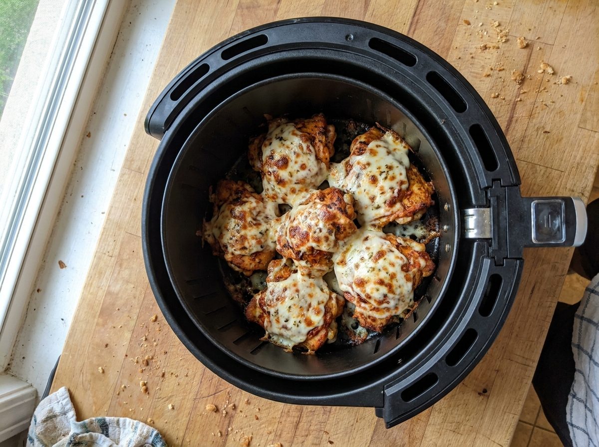 Tandoori chicken under melted cheese in a skillet