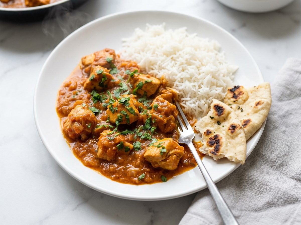 Chicken curry with rice and naan