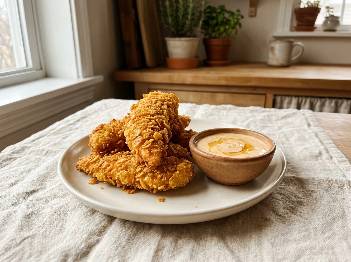 Cornflake-crusted chicken tenders with chipotle honey dip