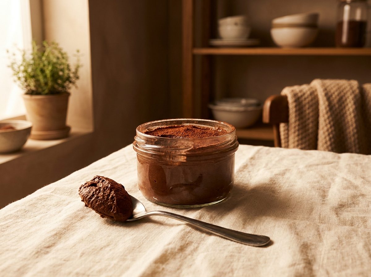 Chocolate mousse in a glass jar dusted with cocoa