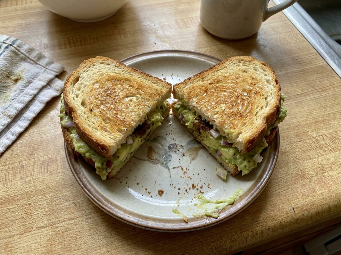 A halved avocado and onion sandwich on toasted bread slices