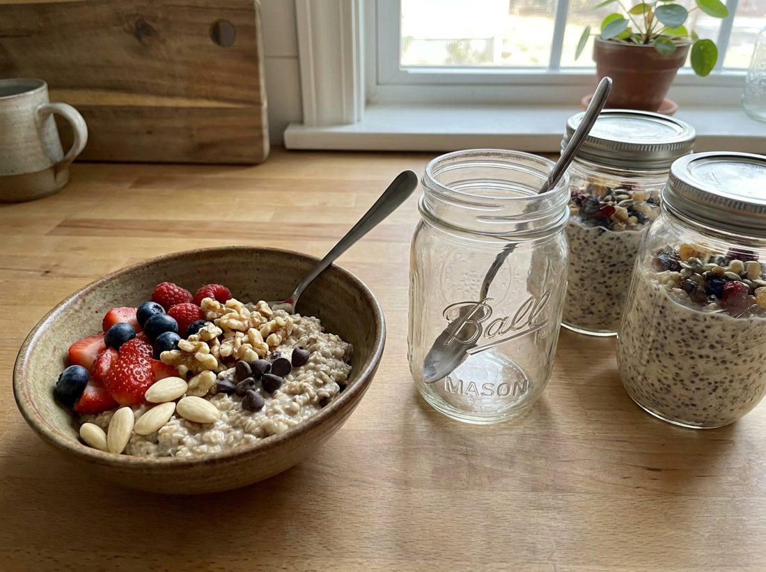 A Mason jar of overnight oats beside a bowl topped with berries and nuts