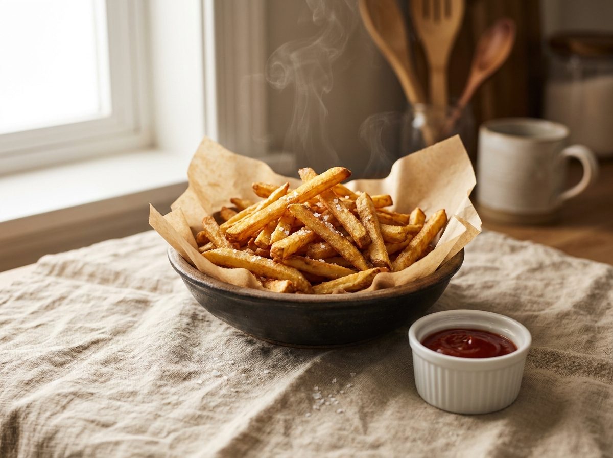 Golden air fryer french fries with ketchup