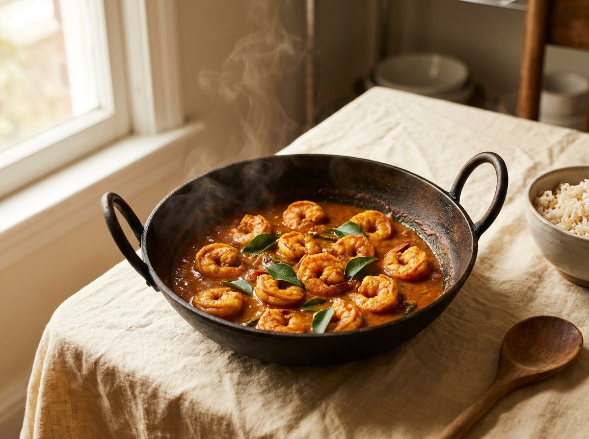 Prawn curry in a kadai
