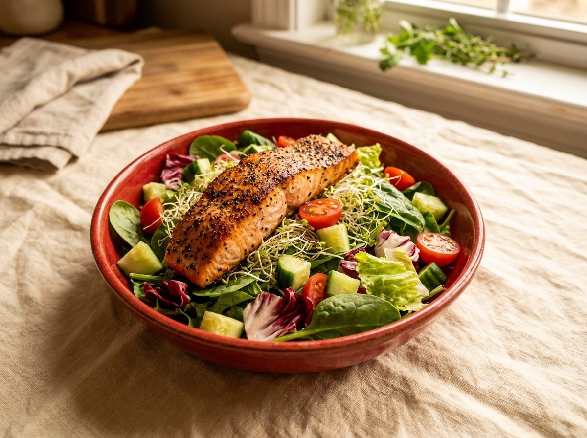 Pepper-crusted salmon on a salad in a red bowl
