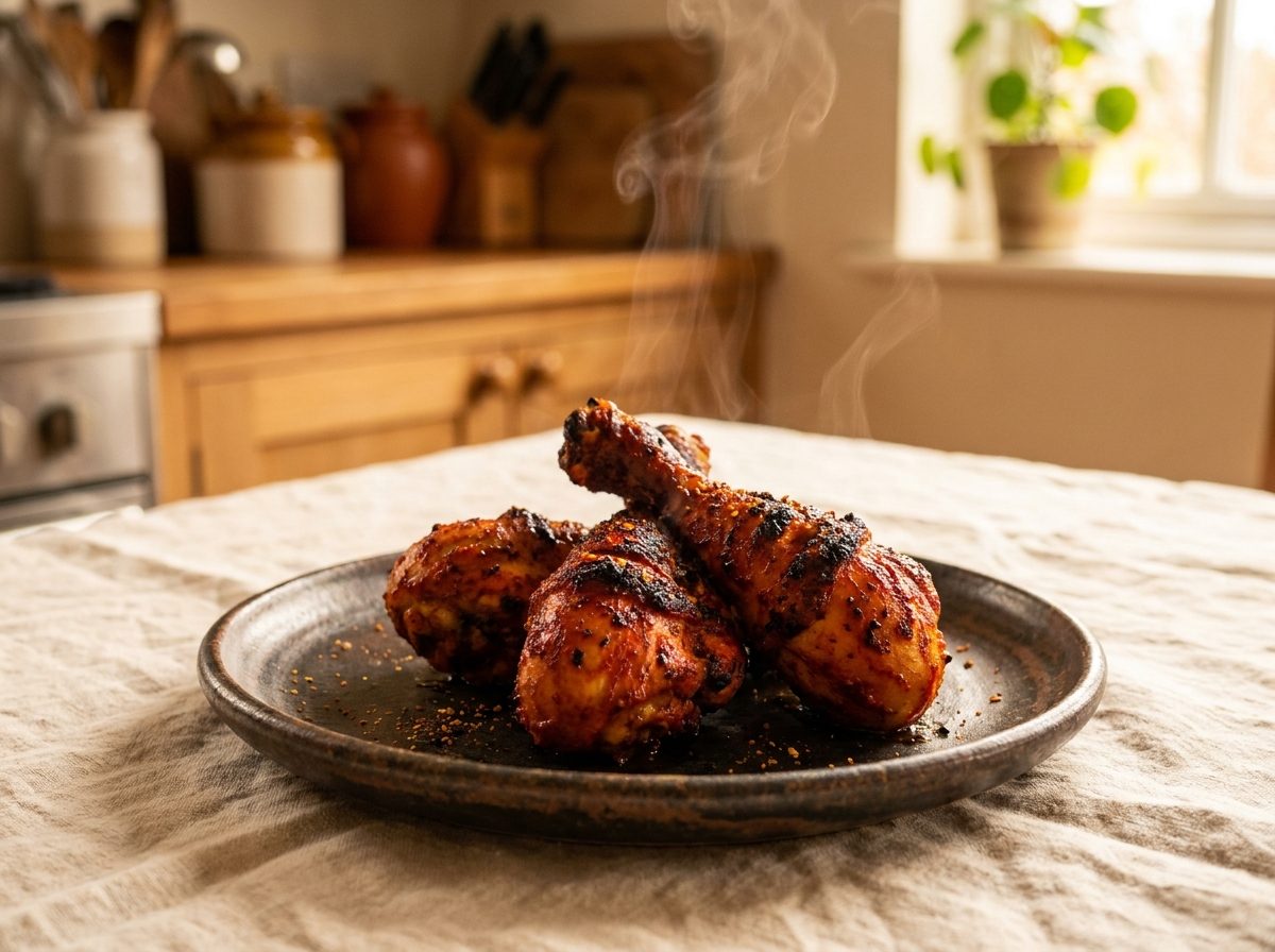 Tandoori chicken drumsticks, steaming on a dark plate